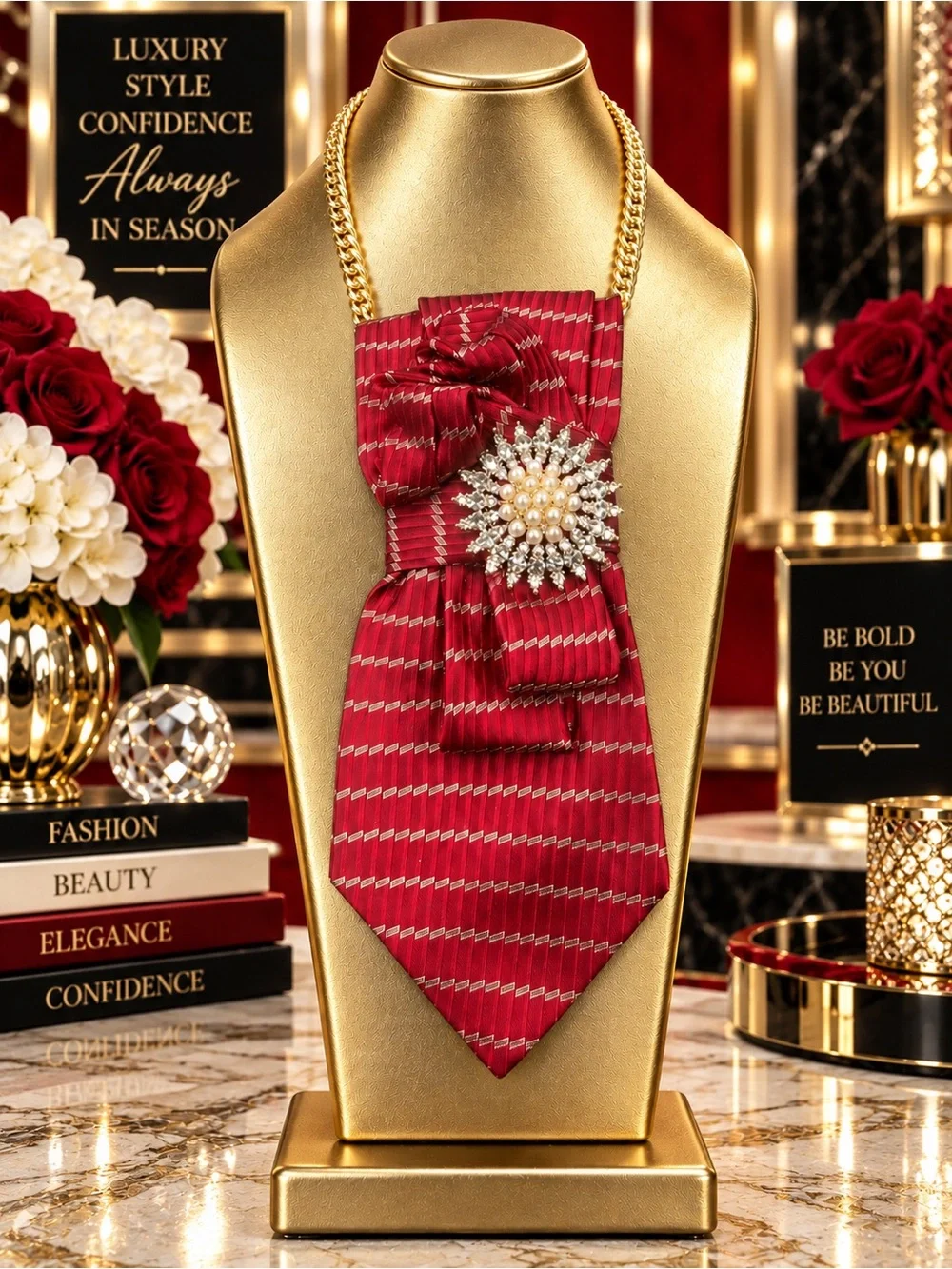 OOAK NWOT Red Gold 100% Silk Tie Necklace Handcrafted Crystal Pearl Wearable Art